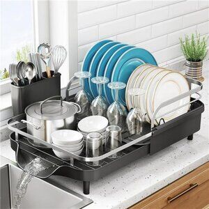 Expandable stainless steel dish drying rack with drainboard and utensil holder